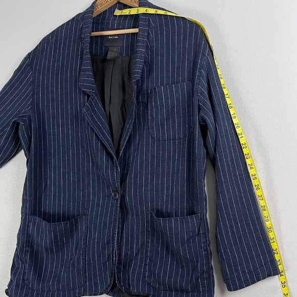 Smythe Navy Blue Pinstripe Linen Blend Blazer Jacket Womens Large Made in Canada - Picture 11 of 11